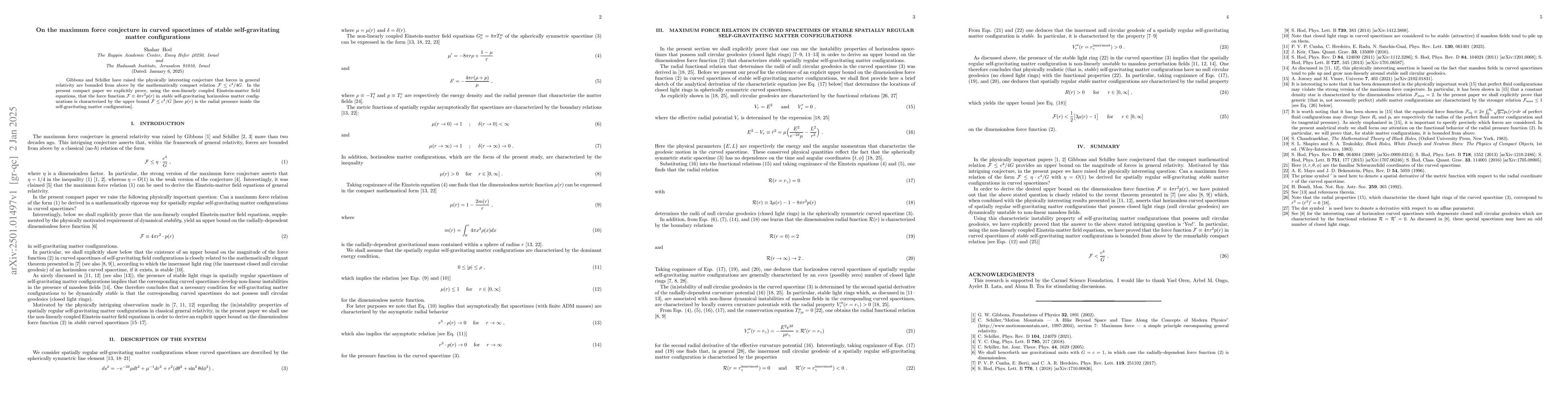 Thumbnail for Maximum force conjecture in curved spacetimes of stable self-gravitating
  matter configurations