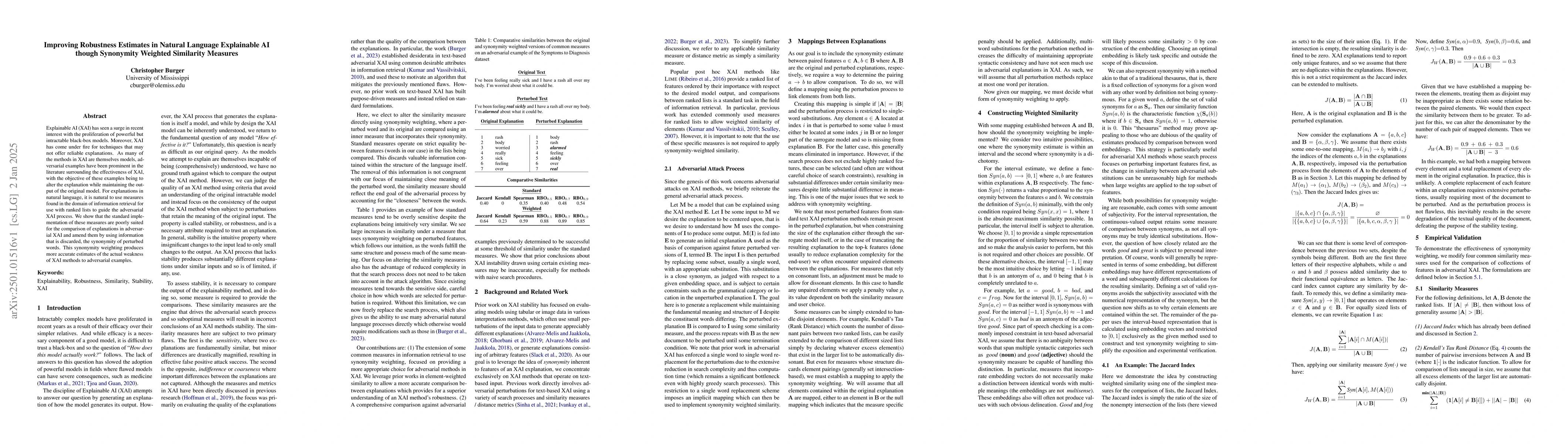 Thumbnail for Improving Robustness Estimates in Natural Language Explainable AI though
  Synonymity Weighted Similarity Measures