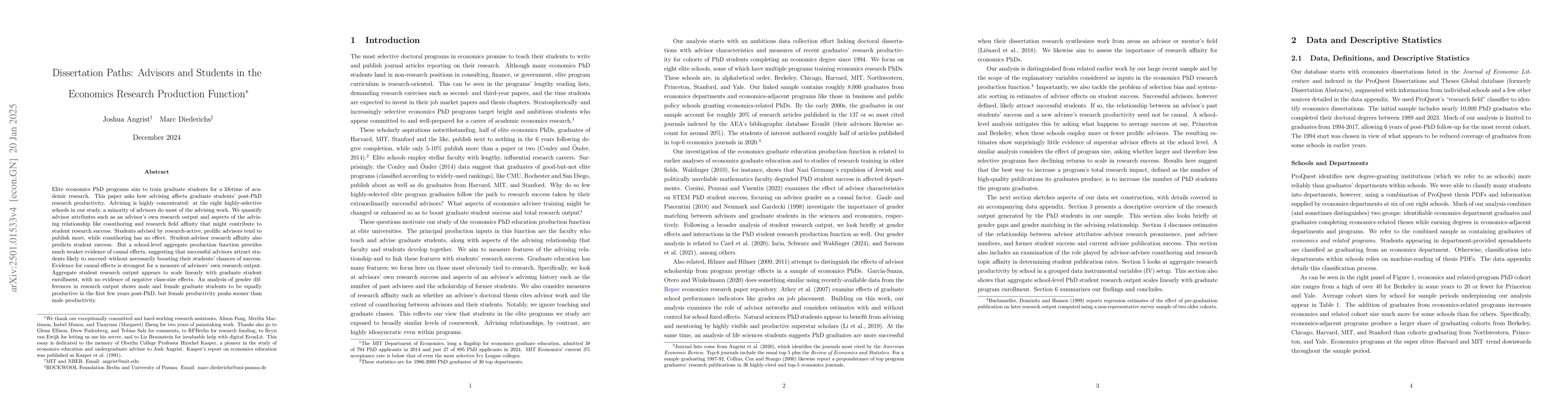 Thumbnail for Dissertation Paths: Advisors and Students in the Economics Research
  Production Function