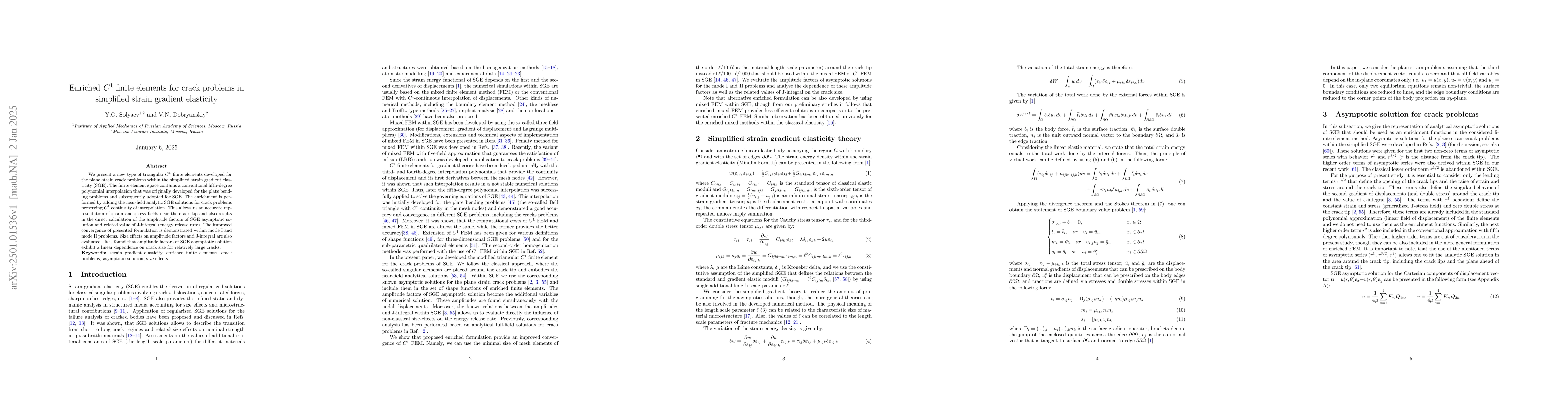 Thumbnail for Enriched $C^1$ finite elements for crack problems in simplified strain
  gradient elasticity