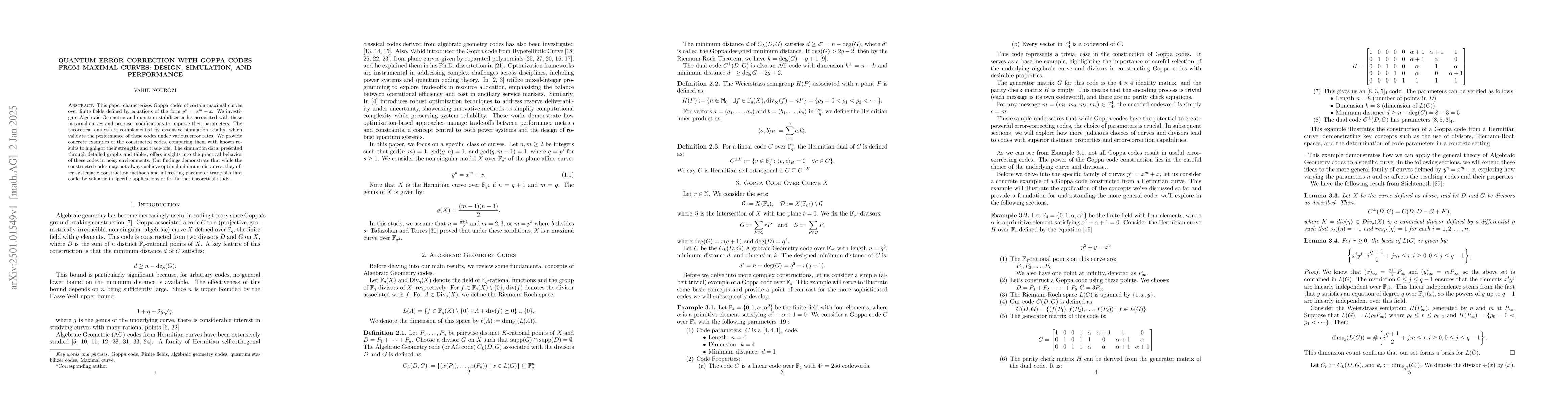 Thumbnail for Quantum Error Correction with Goppa Codes from Maximal Curves: Design,
  Simulation, and Performance