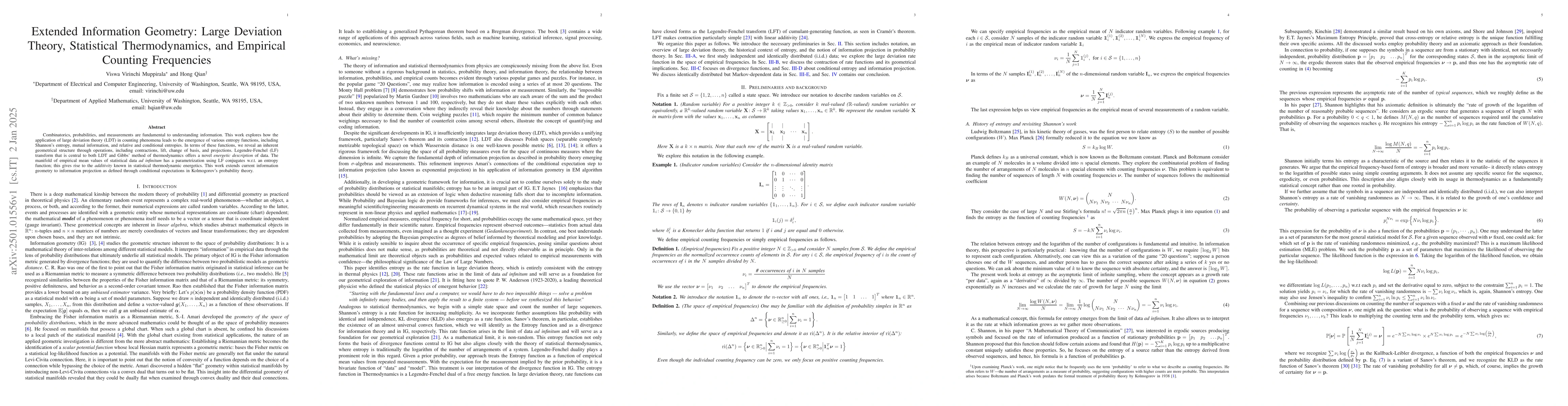 Thumbnail for Extended Information Geometry: Large Deviation Theory, Statistical
  Thermodynamics, and Empirical Counting Frequencies