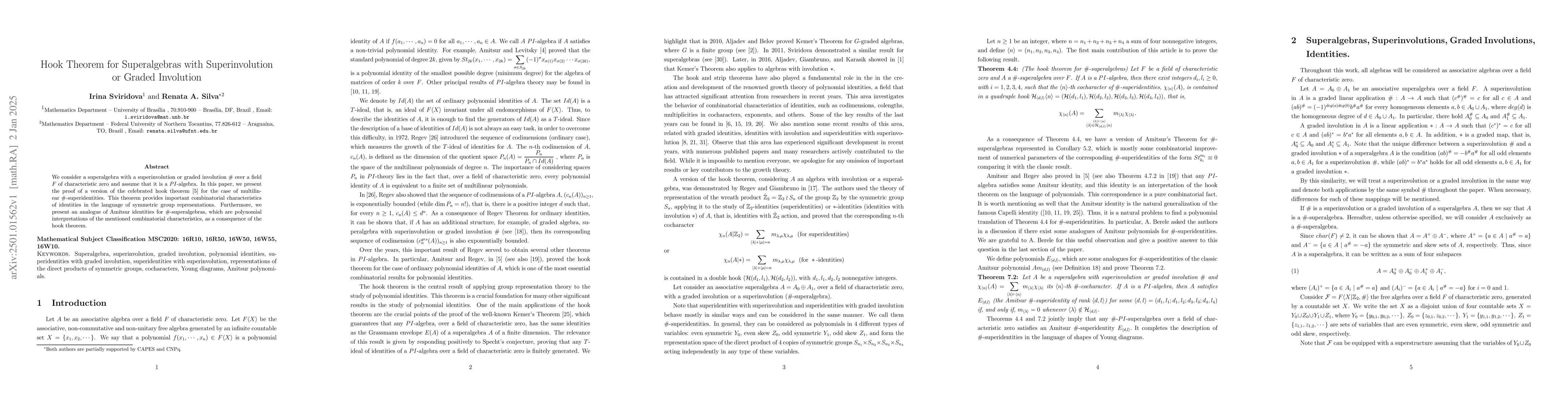 Thumbnail for Hook Theorem for Superalgebras with Superinvolution or Graded Involution