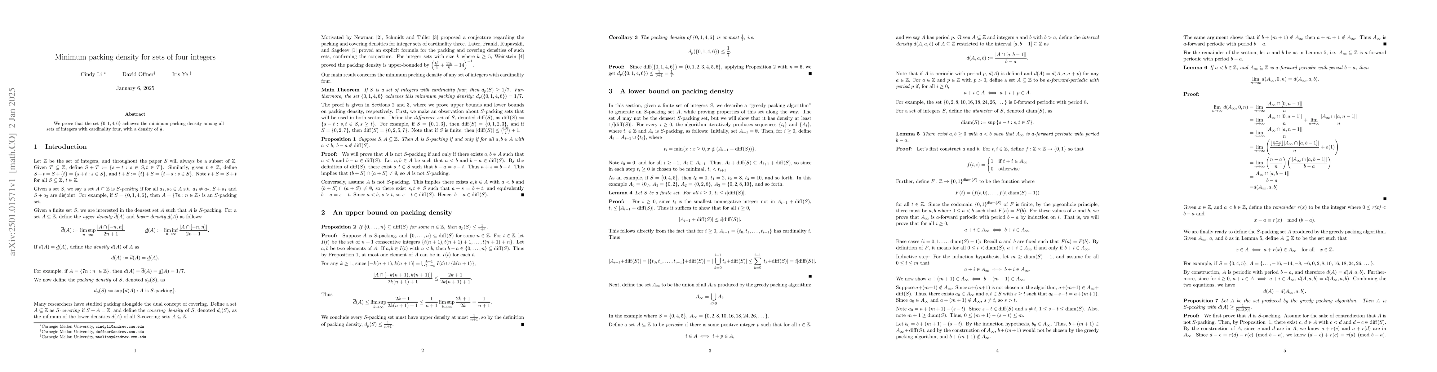 Thumbnail for Minimum packing density for sets of four integers