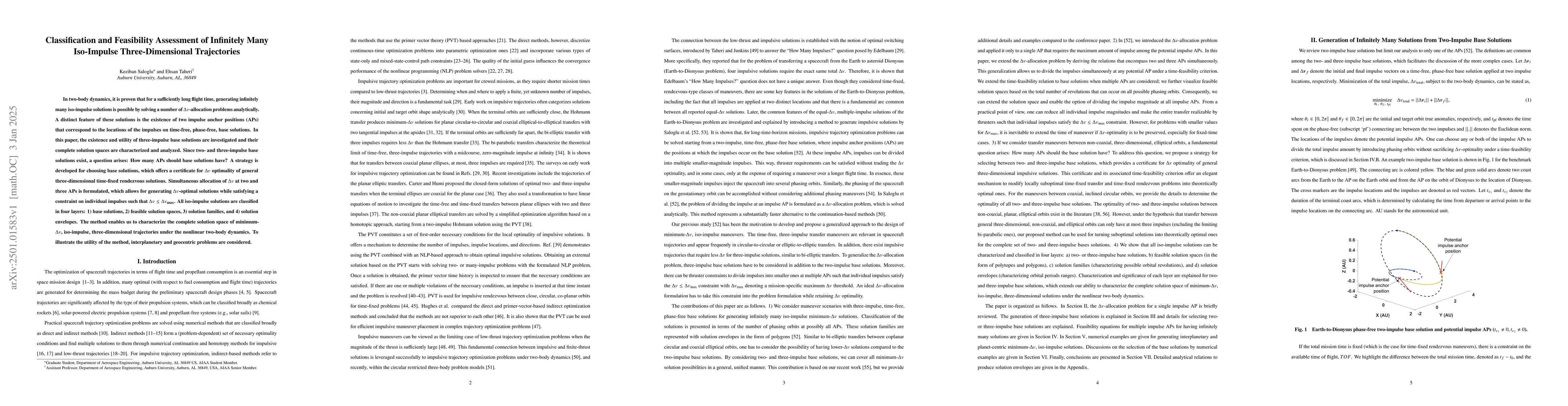 Thumbnail for Classification and Feasibility Assessment of Infinitely Many Iso-Impulse
  Three-Dimensional Trajectories