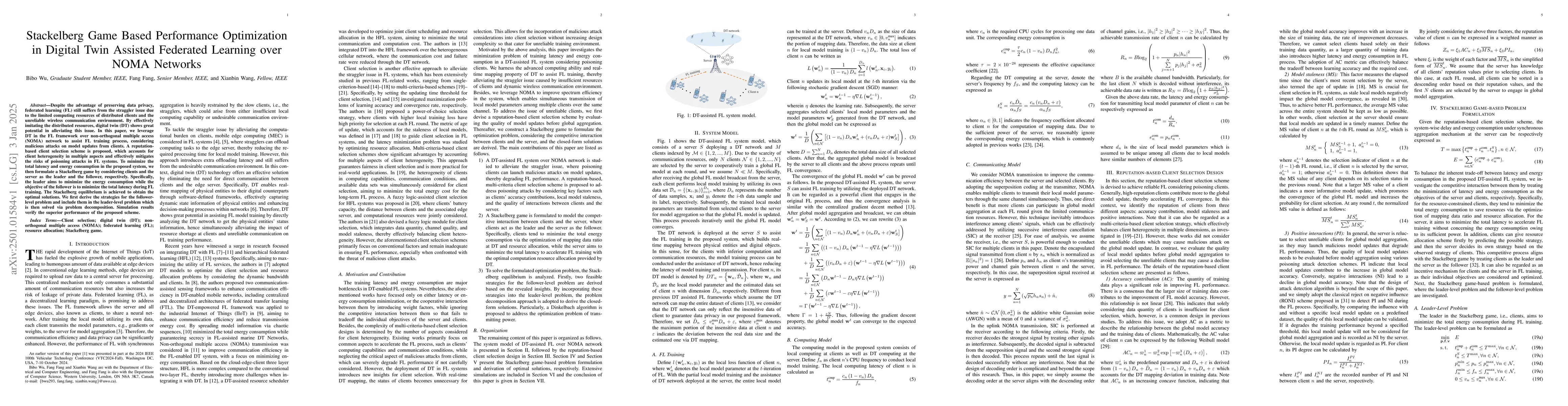 Thumbnail for Stackelberg Game Based Performance Optimization in Digital Twin Assisted
  Federated Learning over NOMA Networks