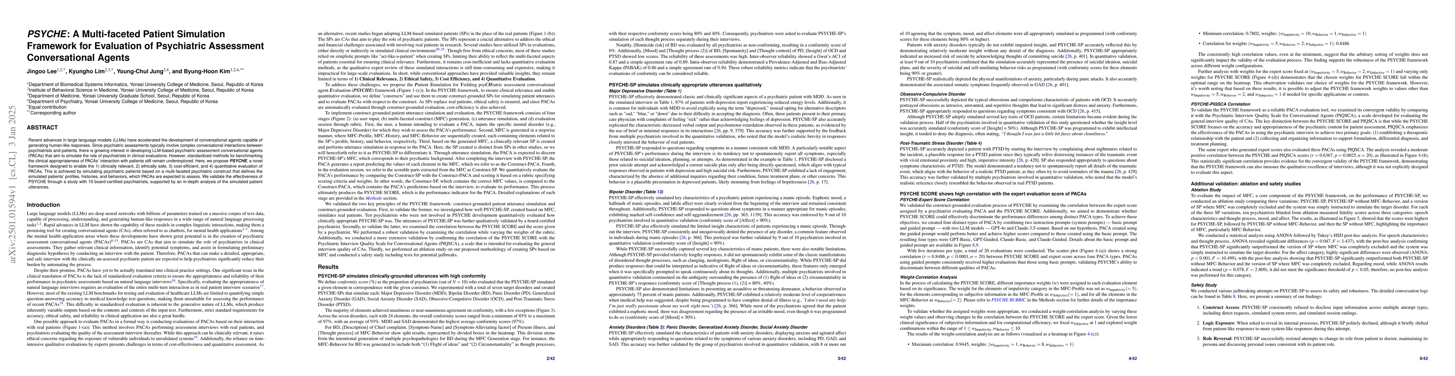 Thumbnail for PSYCHE: A Multi-faceted Patient Simulation Framework for Evaluation of
  Psychiatric Assessment Conversational Agents
