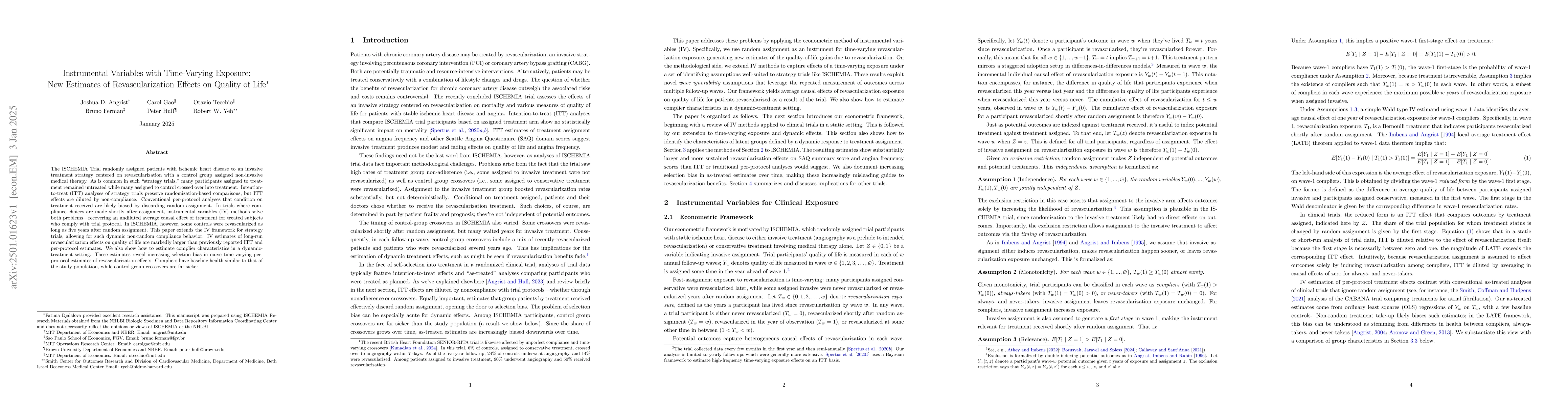 Thumbnail for Instrumental Variables with Time-Varying Exposure: New Estimates of
  Revascularization Effects on Quality of Life