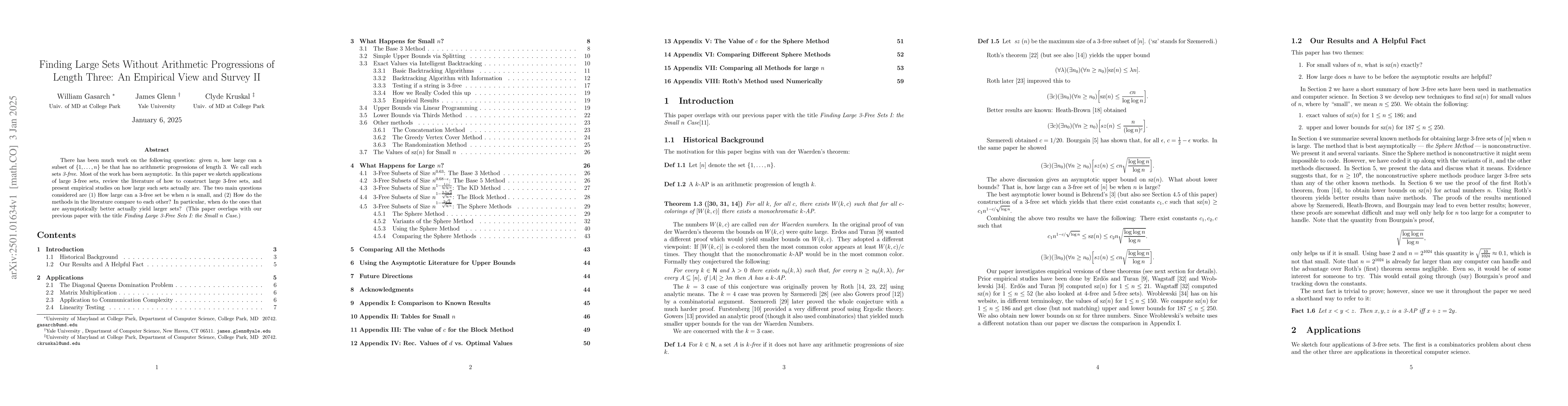 Thumbnail for Finding Large Sets Without Arithmetic Progressions of Length Three: An
  Empirical View and Survey II