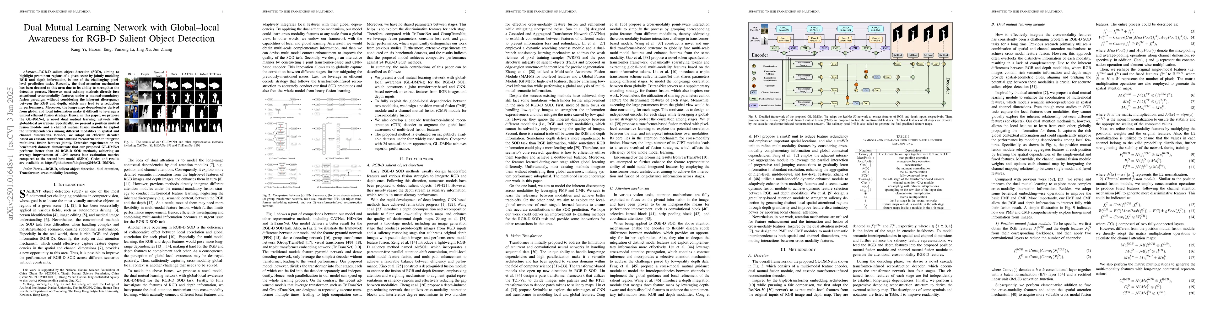 Thumbnail for Dual Mutual Learning Network with Global-local Awareness for RGB-D
  Salient Object Detection