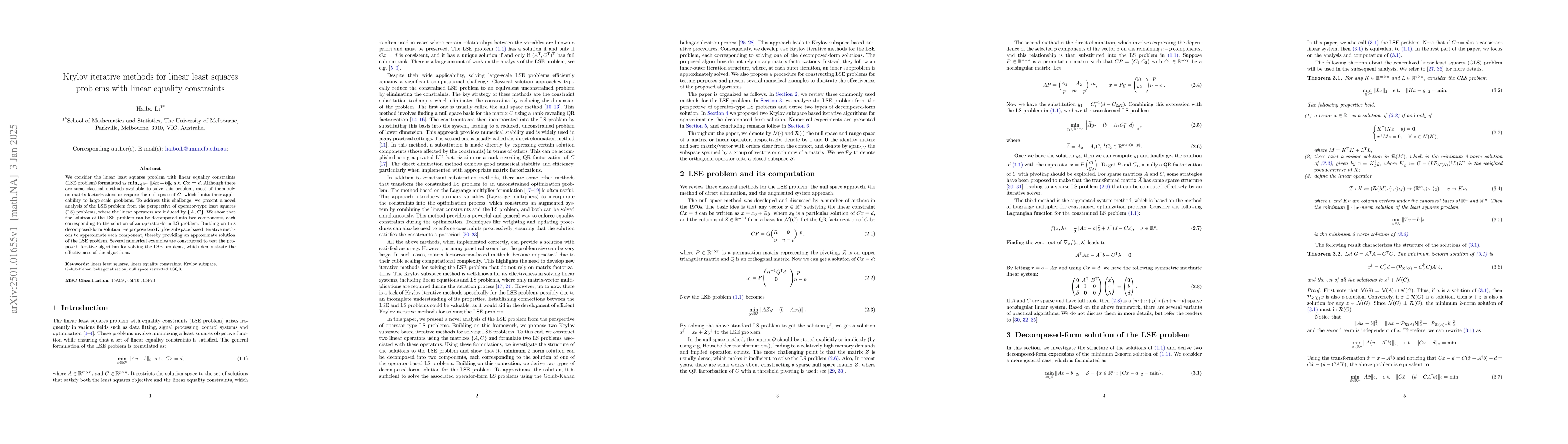 Thumbnail for Krylov iterative methods for linear least squares problems with linear
  equality constraints
