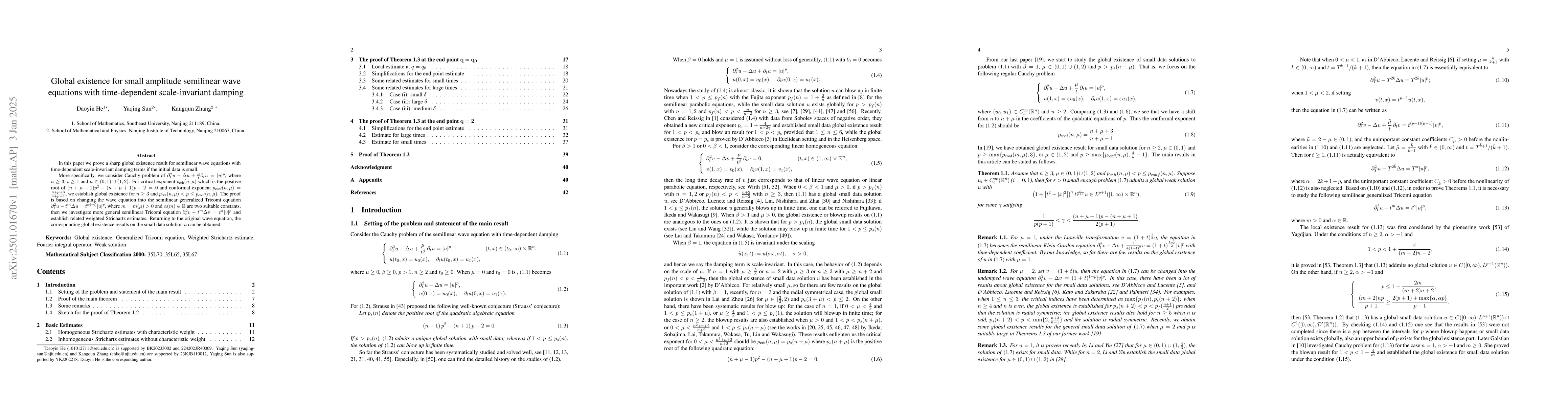 Thumbnail for Global existence for small amplitude semilinear wave equations with
  time-dependent scale-invariant damping