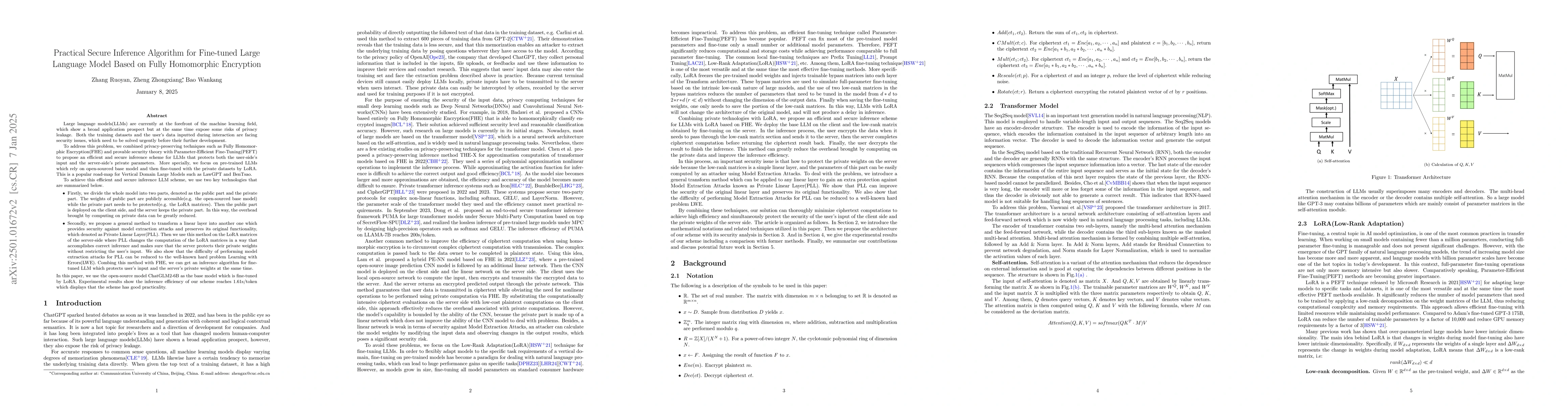 Thumbnail for Practical Secure Inference Algorithm for Fine-tuned Large Language Model
  Based on Fully Homomorphic Encryption