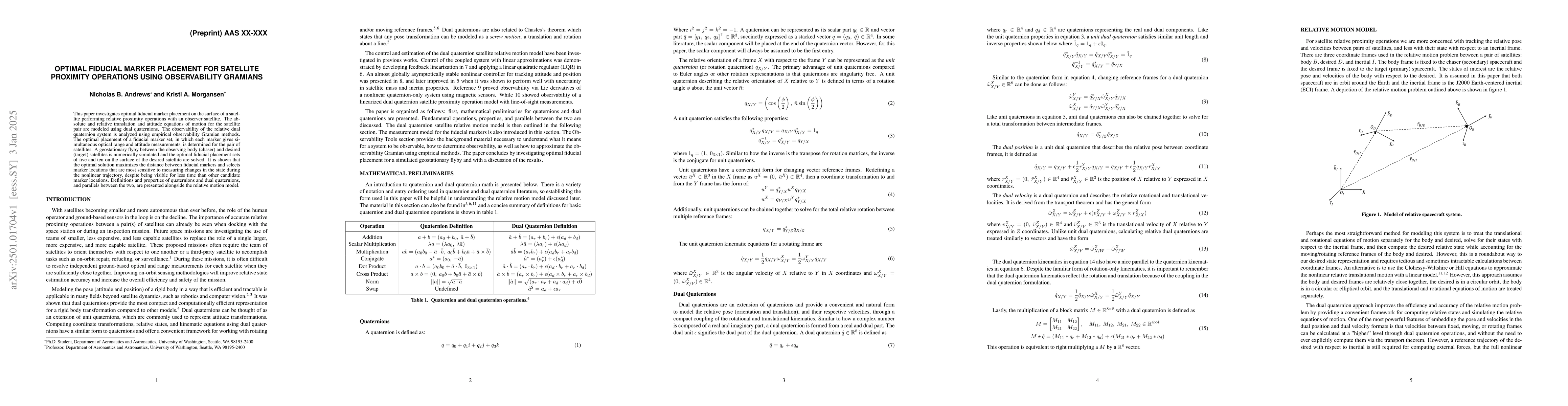Thumbnail for Optimal Fiducial Marker Placement for Satellite Proximity Operations
  Using Observability Gramians