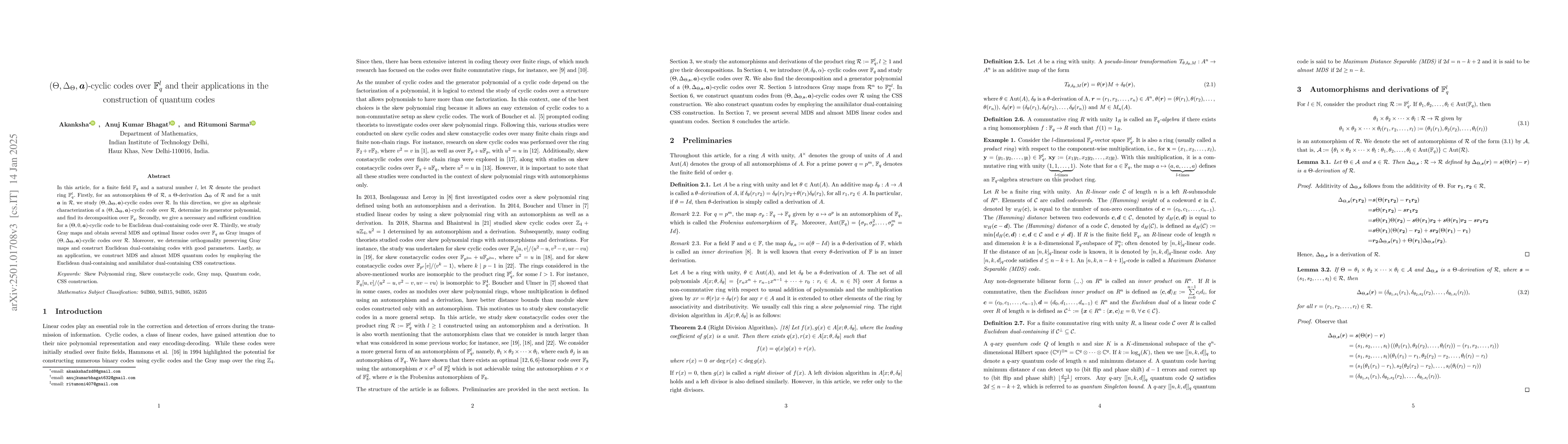 Thumbnail for $(Θ, Δ_Θ, \mathbf{a})$-cyclic codes over $\mathbb{F}_q^l$
  and their applications in the construction of quantum codes