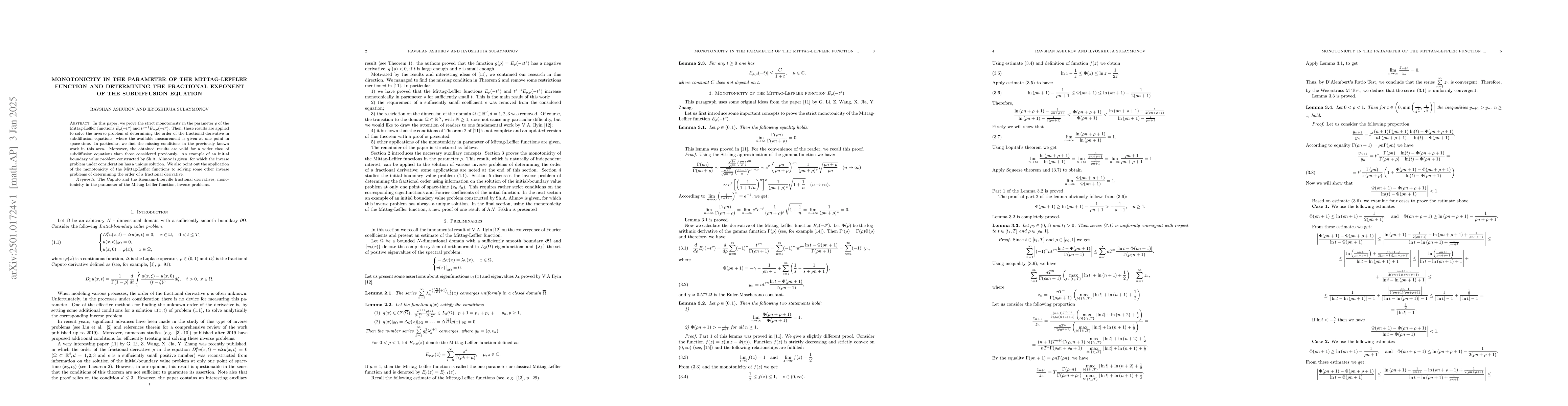 Thumbnail for Monotonicity in the parameter of the Mittag-Leffler function and
  determining the fractional exponent of the subdiffusion equation