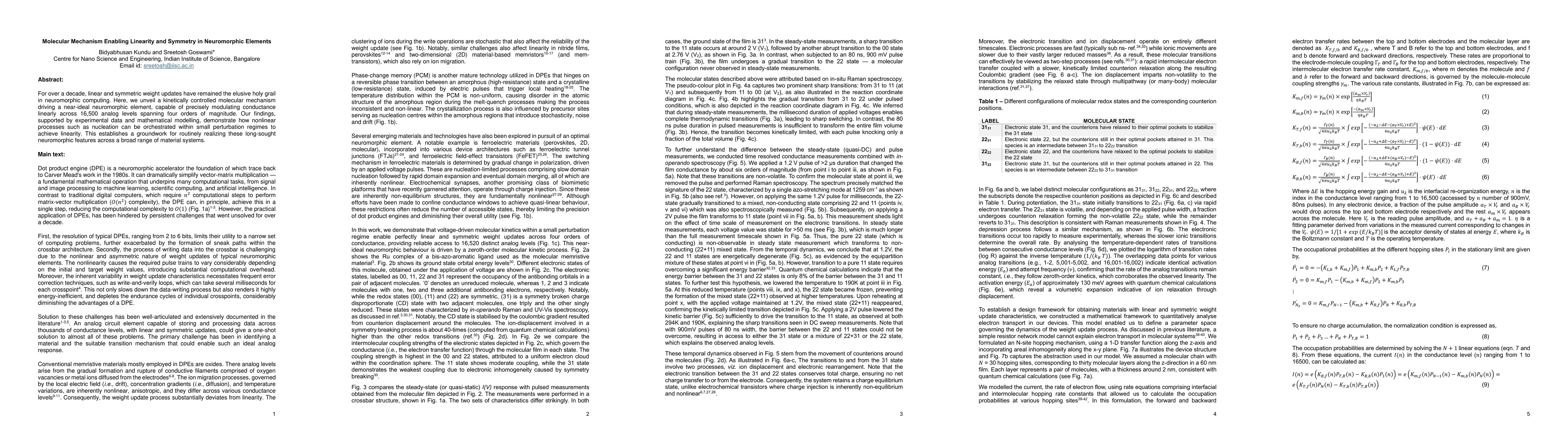 Thumbnail for Molecular Mechanism Enabling Linearity and Symmetry in Neuromorphic
  Elements