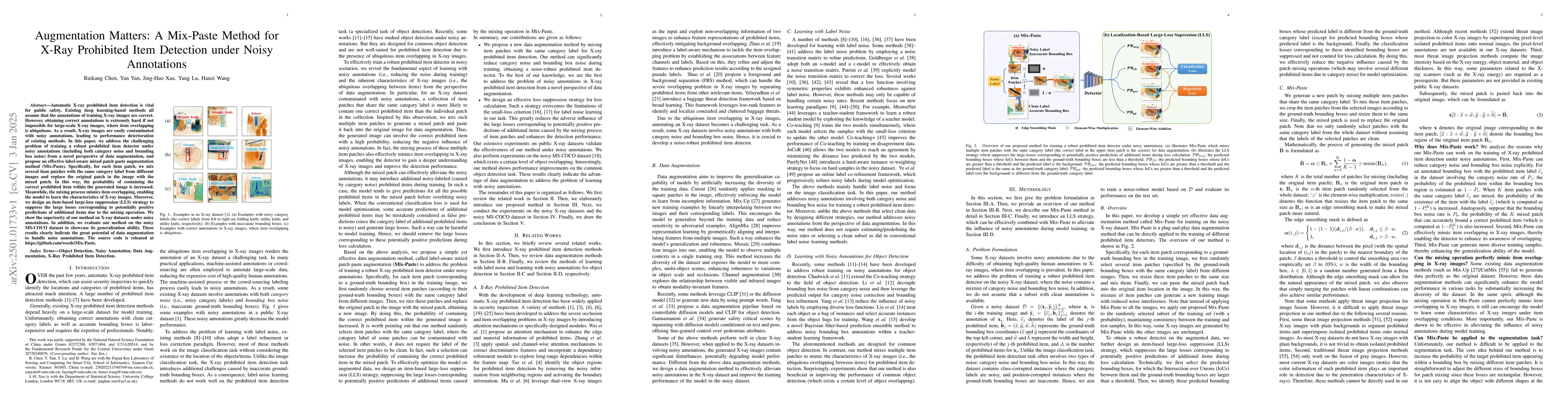 Thumbnail for Augmentation Matters: A Mix-Paste Method for X-Ray Prohibited Item
  Detection under Noisy Annotations