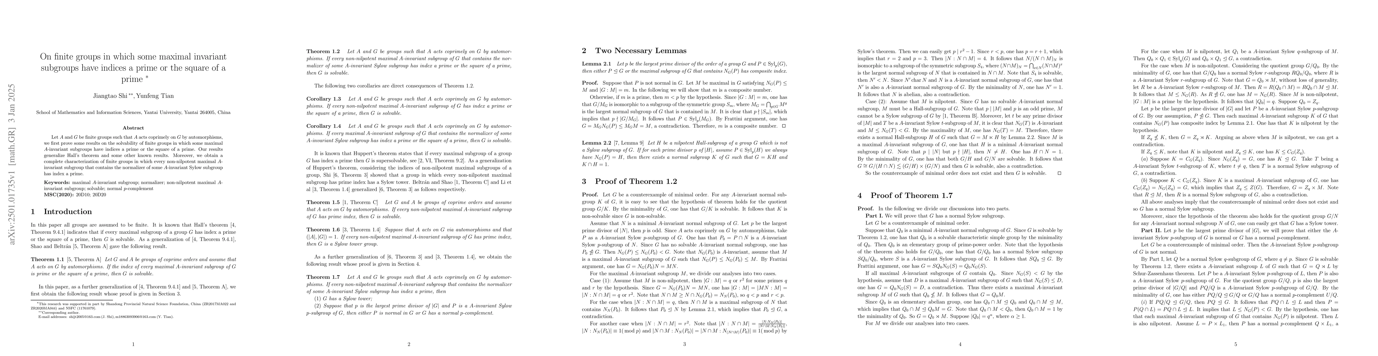 Thumbnail for On finite groups in which some maximal invariant subgroups have indices
  a prime or the square of a prime