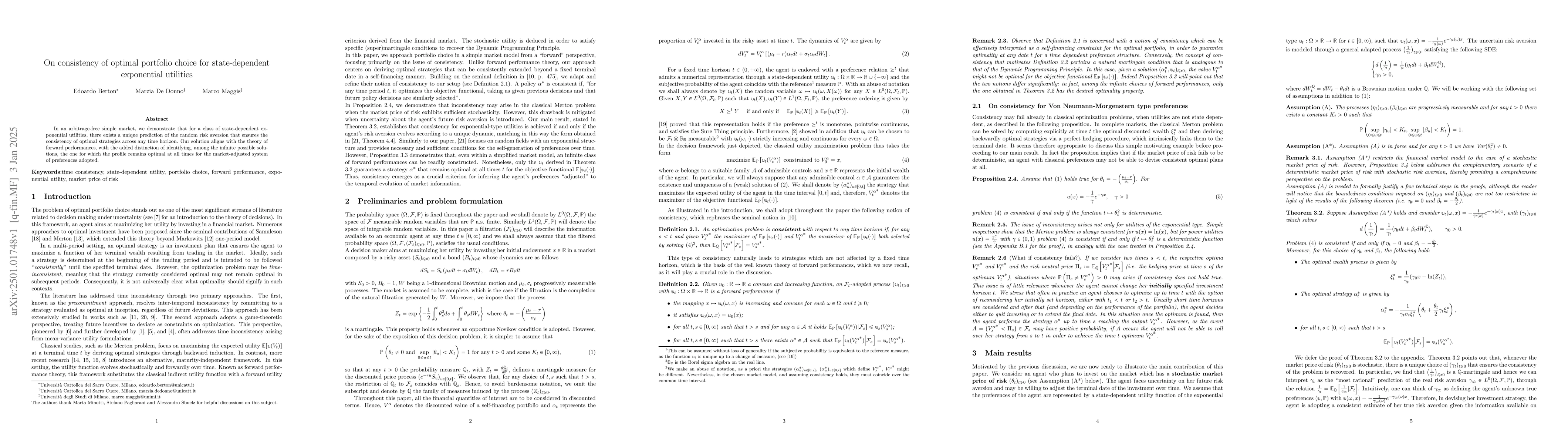 Thumbnail for On consistency of optimal portfolio choice for state-dependent
  exponential utilities