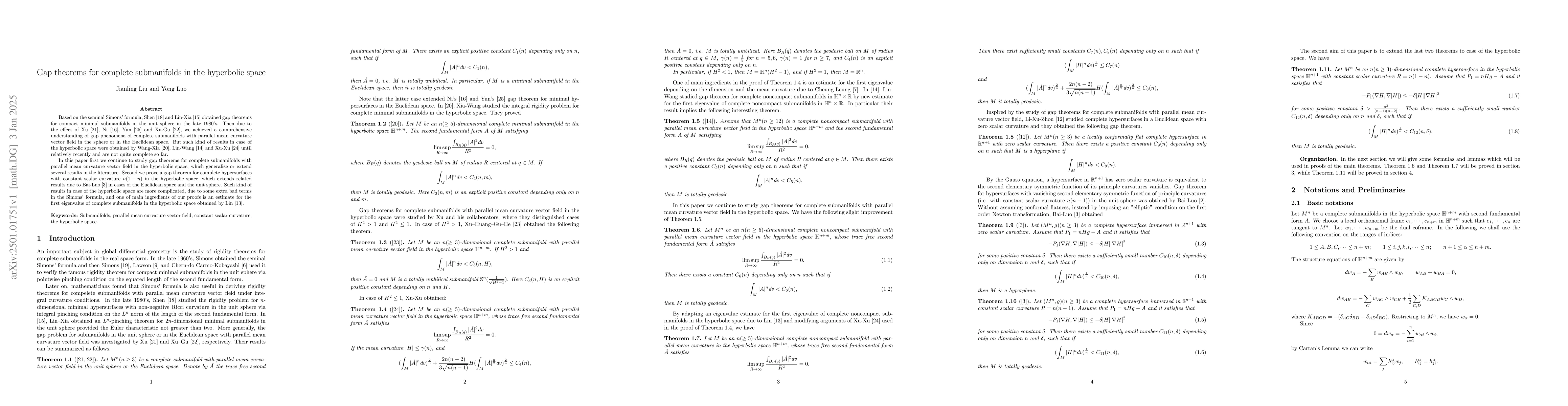 Thumbnail for Gap theorems for complete submanifolds in the hyperbolic space