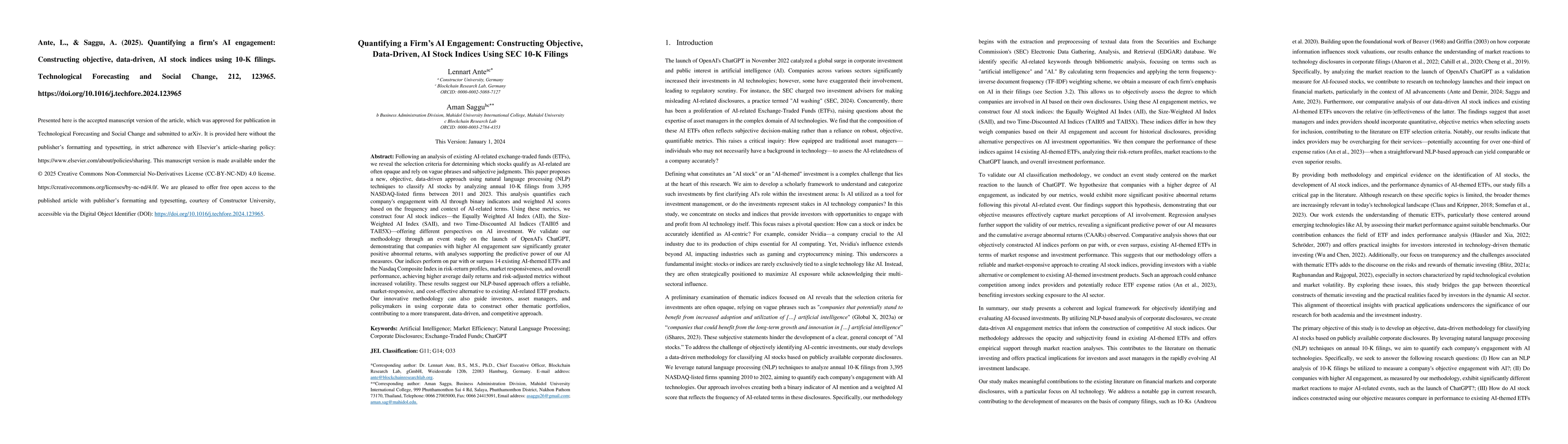 Thumbnail for Quantifying A Firm's AI Engagement: Constructing Objective, Data-Driven,
  AI Stock Indices Using 10-K Filings