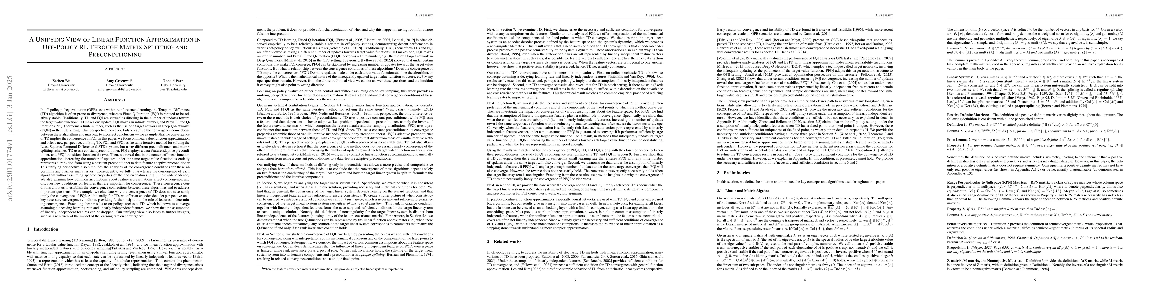 Thumbnail for A Unifying View of Linear Function Approximation in Off-Policy RL
  Through Matrix Splitting and Preconditioning