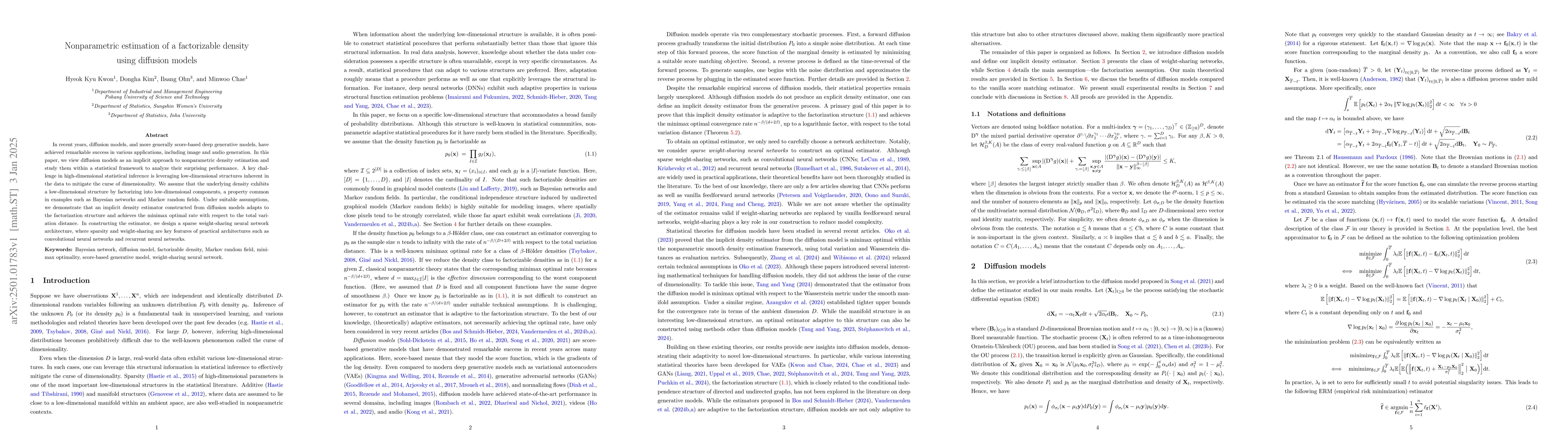 Thumbnail for Nonparametric estimation of a factorizable density using diffusion
  models