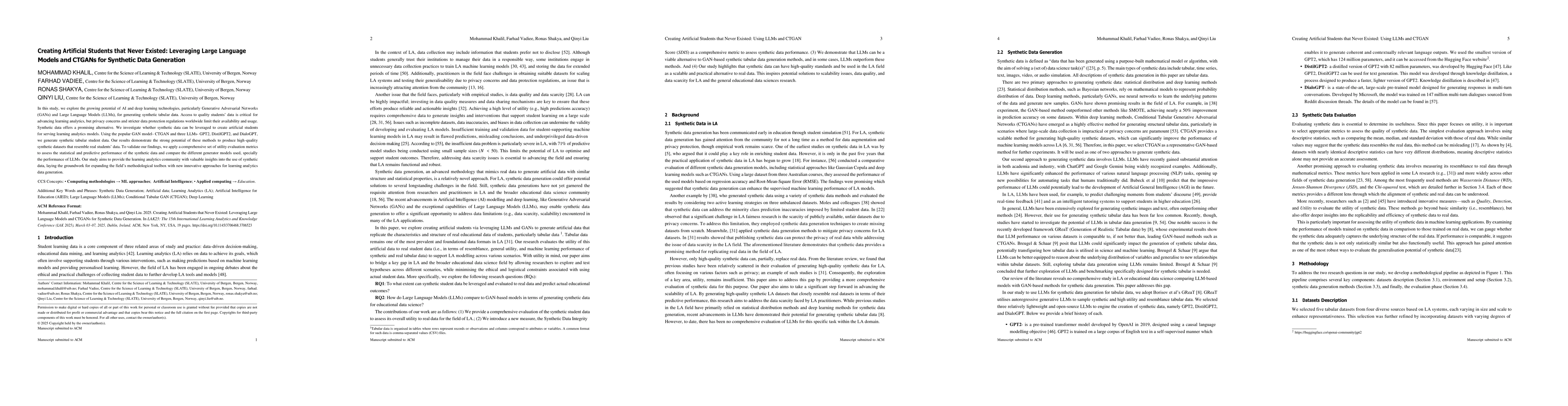 Thumbnail for Creating Artificial Students that Never Existed: Leveraging Large
  Language Models and CTGANs for Synthetic Data Generation