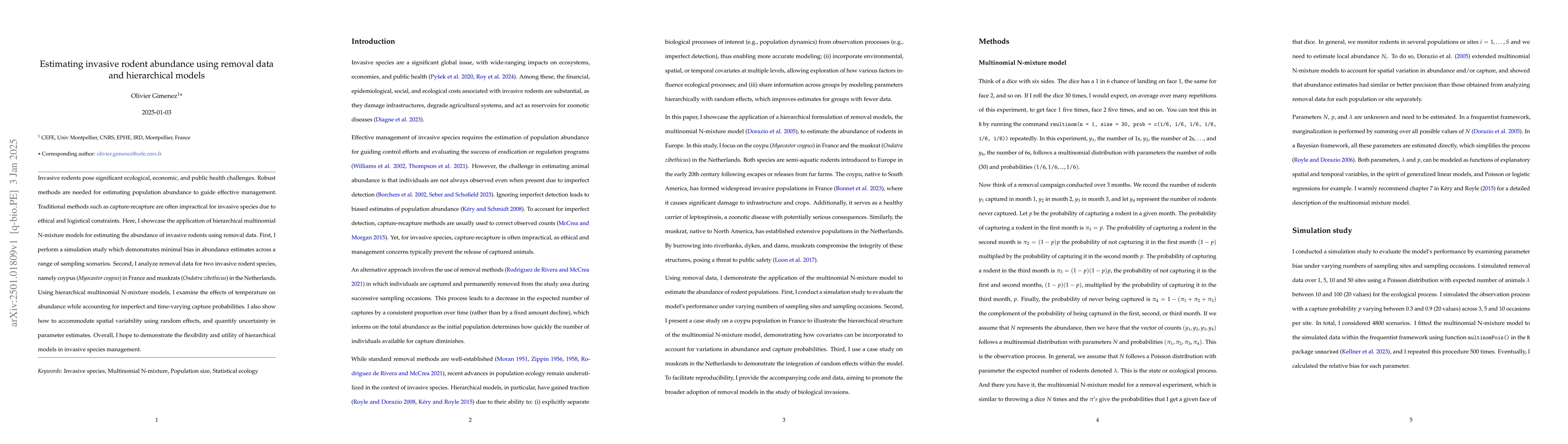 Thumbnail for Estimating invasive rodent abundance using removal data and hierarchical
  models