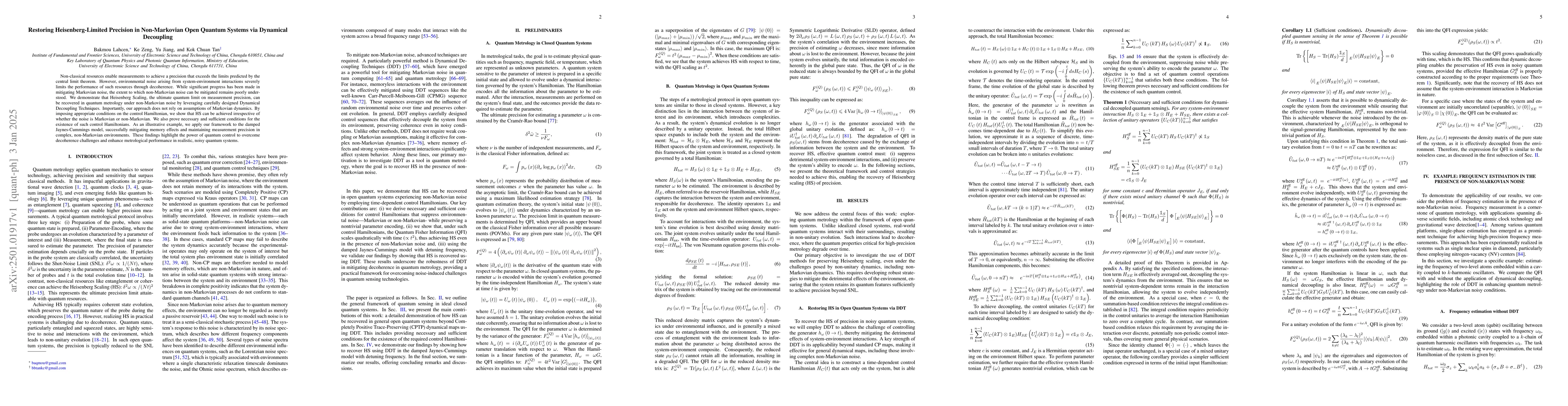 Thumbnail for Restoring Heisenberg-Limited Precision in Non-Markovian Open Quantum
  Systems via Dynamical Decoupling