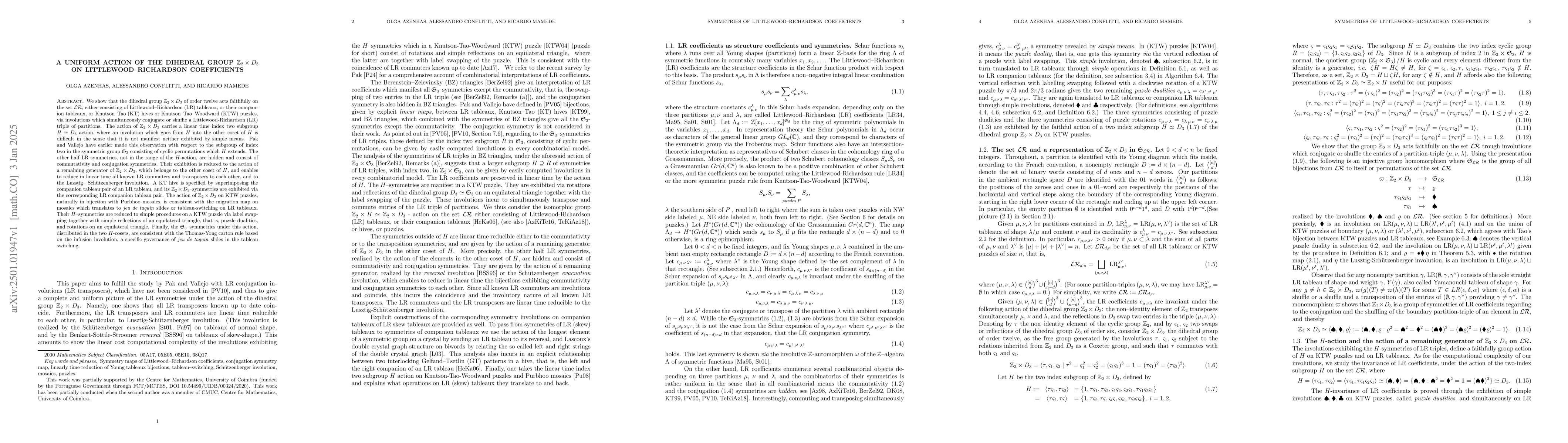 Thumbnail for A uniform action of the dihedral group $ Z_2\times D_3$ on
  Littlewood--Richardson coefficients