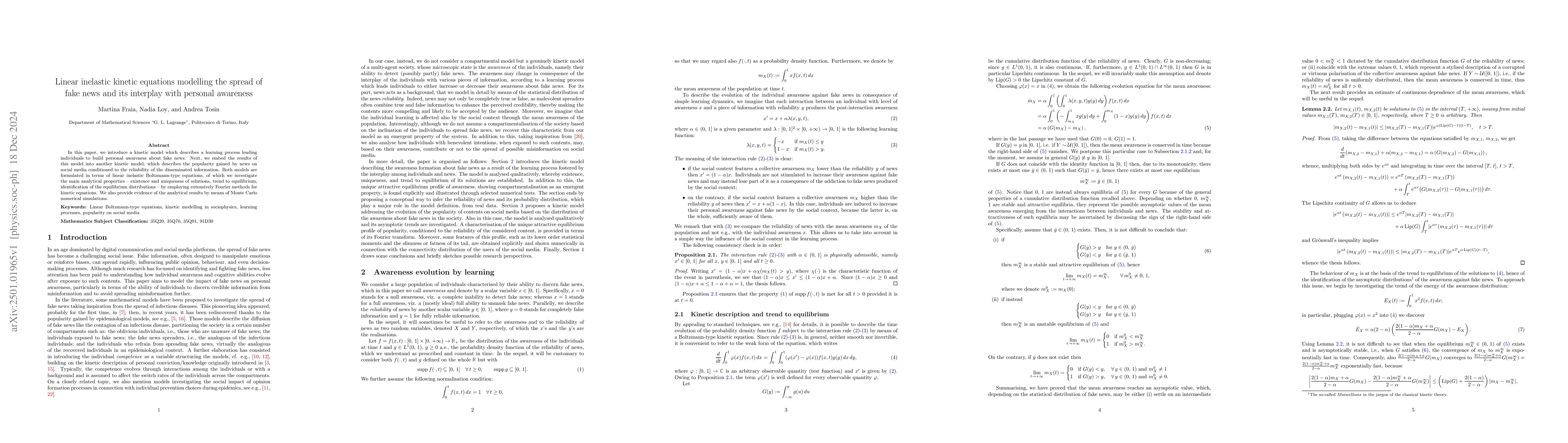 Thumbnail for Linear inelastic kinetic equations modelling the spread of fake news and
  its interplay with personal awareness