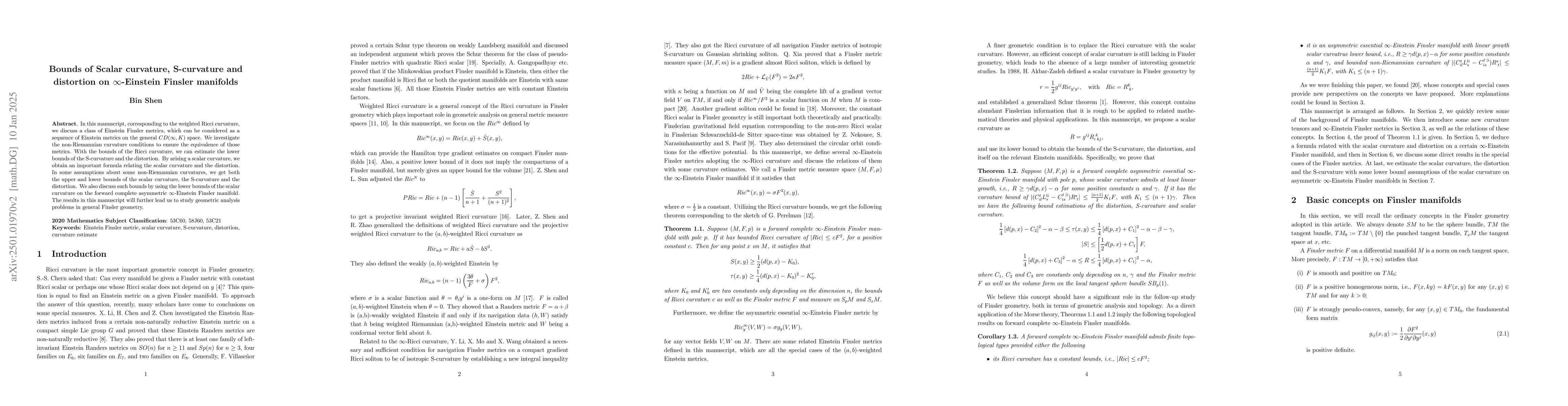 Thumbnail for Bounds of Scalar curvature, S-curvature and distortion on
  $\infty$-Einstein Finsler manifolds