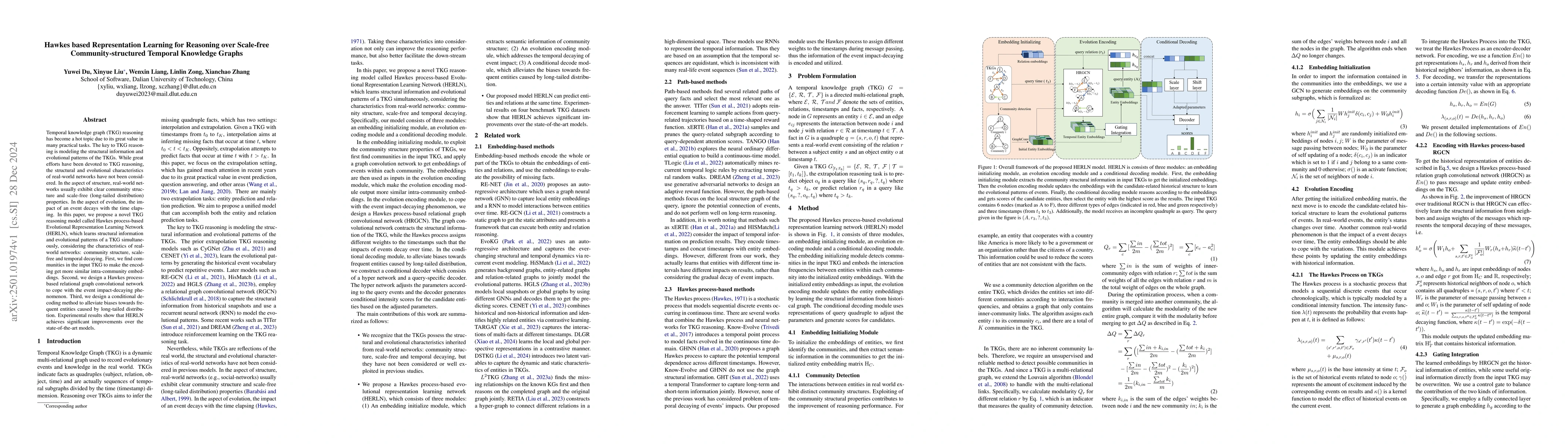 Thumbnail for Hawkes based Representation Learning for Reasoning over Scale-free
  Community-structured Temporal Knowledge Graphs