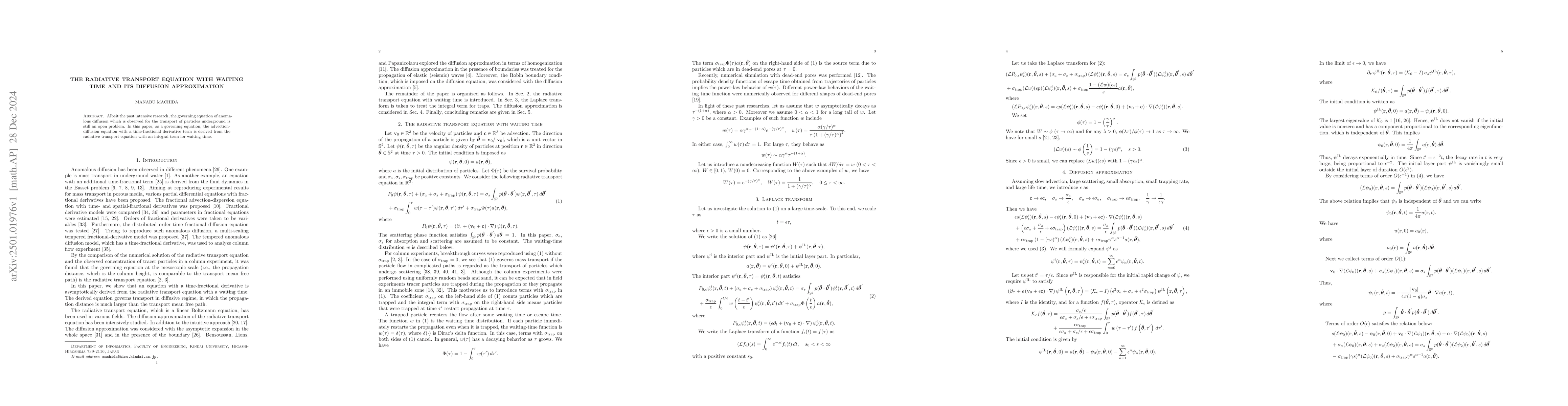 Thumbnail for The radiative transport equation with waiting time and its diffusion
  approximation