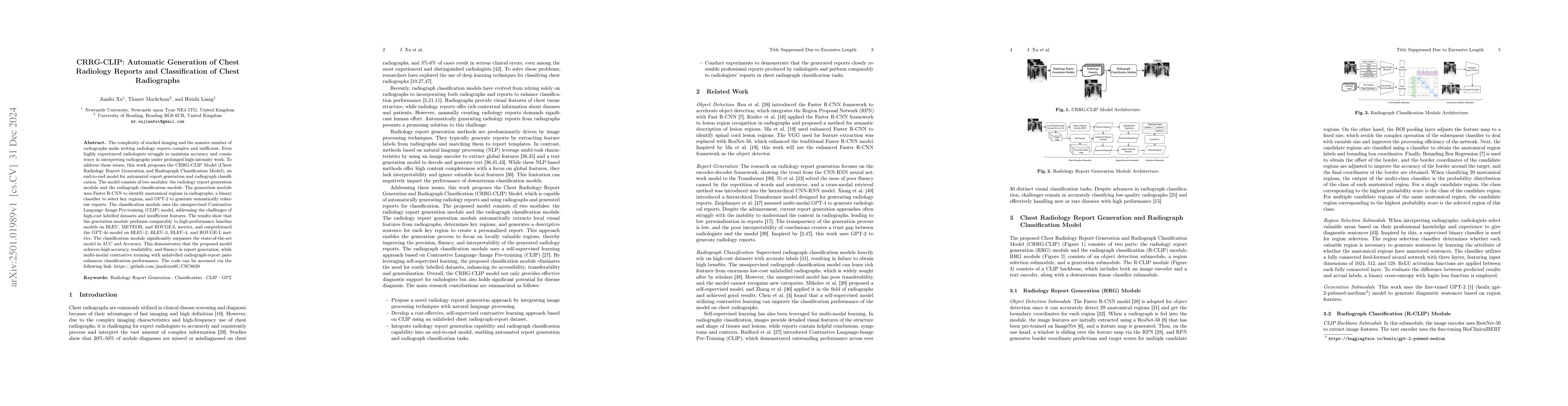 Thumbnail for CRRG-CLIP: Automatic Generation of Chest Radiology Reports and
  Classification of Chest Radiographs