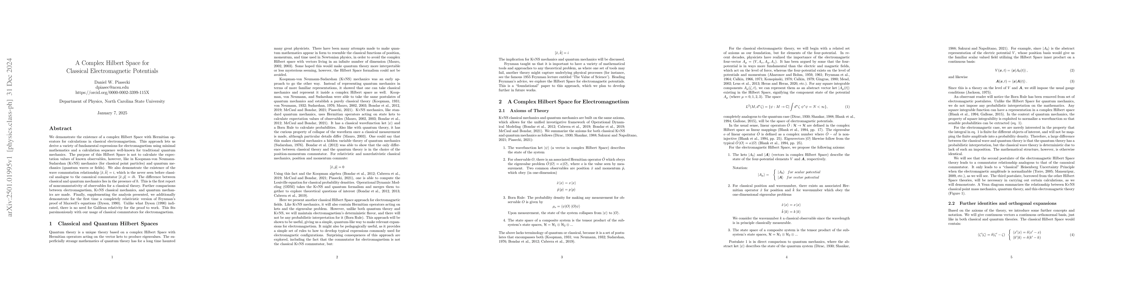 Thumbnail for A Complex Hilbert Space for Classical Electromagnetic Potentials