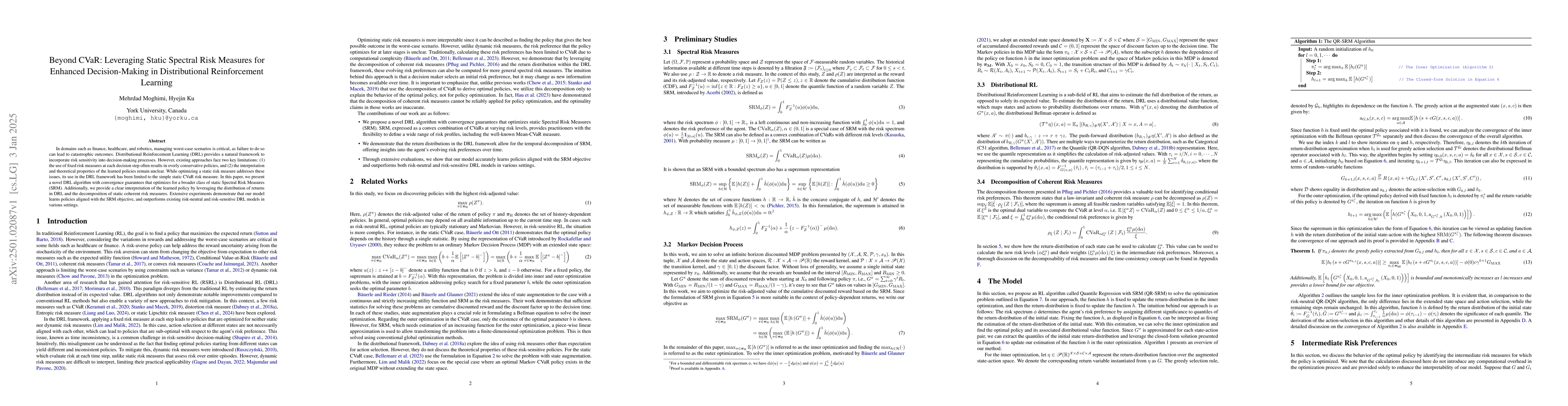 Thumbnail for Beyond CVaR: Leveraging Static Spectral Risk Measures for Enhanced
  Decision-Making in Distributional Reinforcement Learning