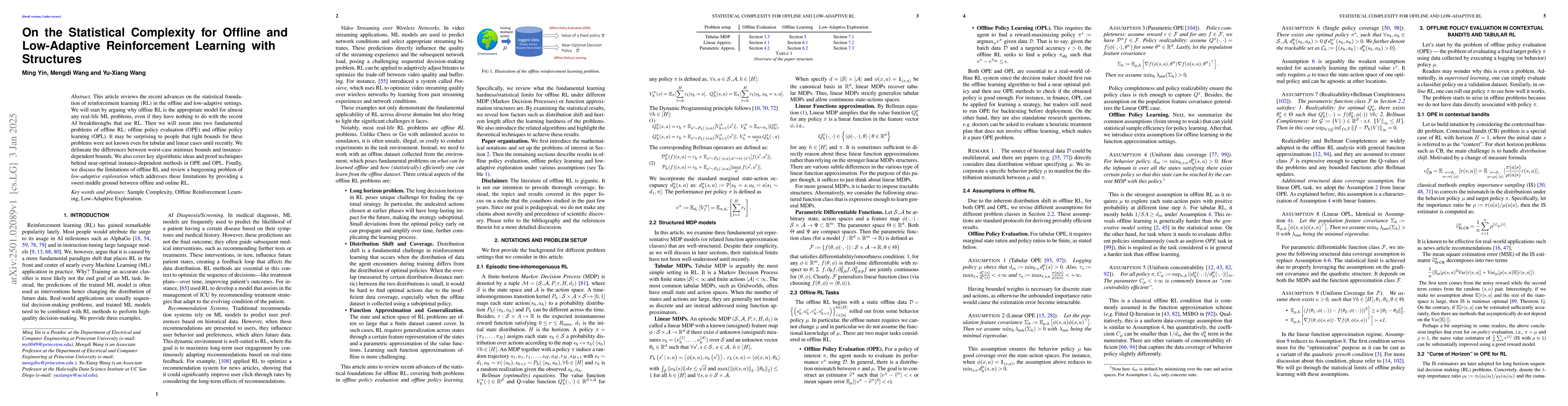 Thumbnail for On the Statistical Complexity for Offline and Low-Adaptive Reinforcement
  Learning with Structures