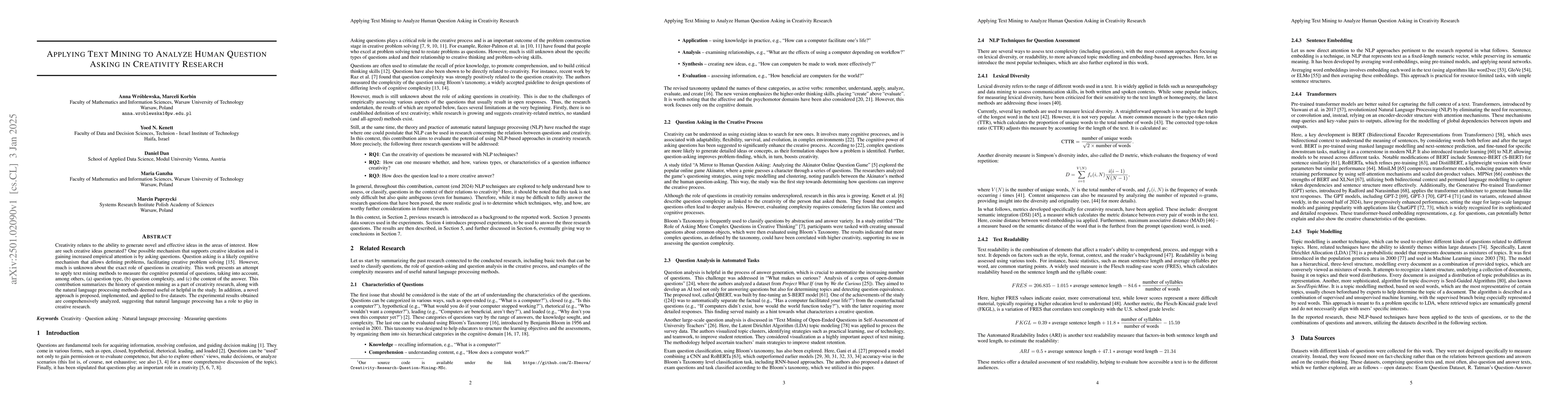 Thumbnail for Applying Text Mining to Analyze Human Question Asking in Creativity
  Research