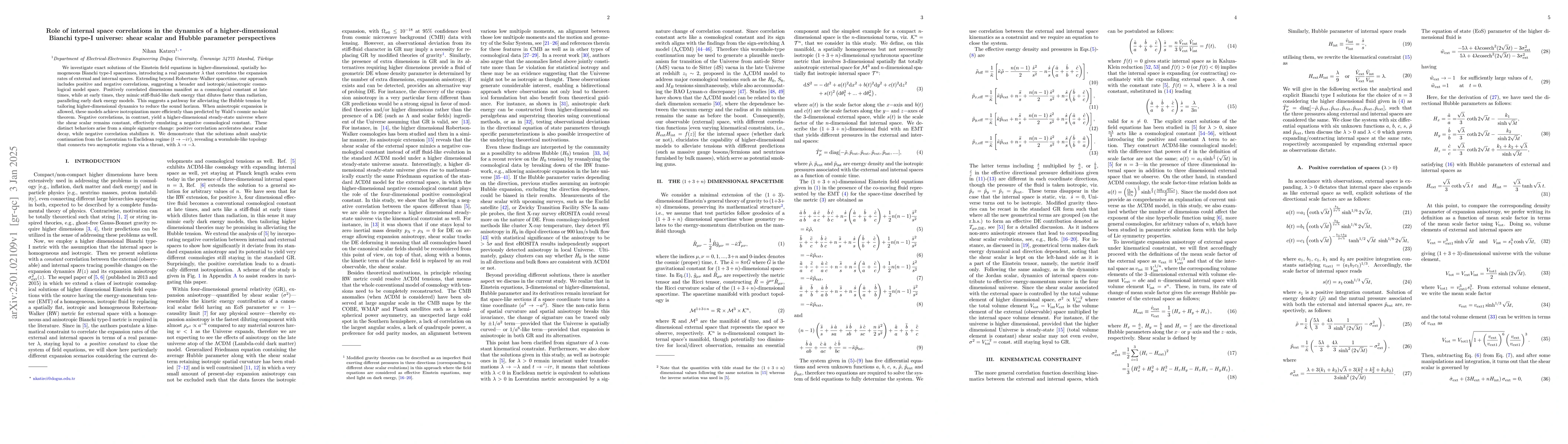 Thumbnail for Role of internal space correlations in the dynamics of a
  higher-dimensional Bianchi type-I universe: shear scalar and Hubble parameter
  perspectives
