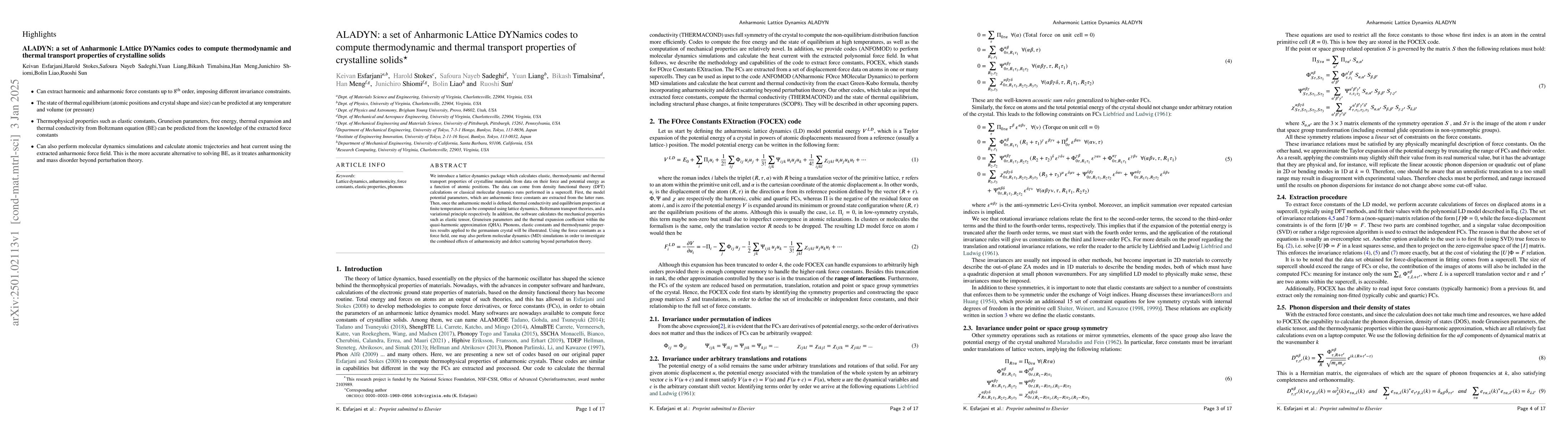 Thumbnail for ALADYN: a set of Anharmonic LAttice DYNamics codes to compute
  thermodynamic and thermal transport properties of crystalline solids