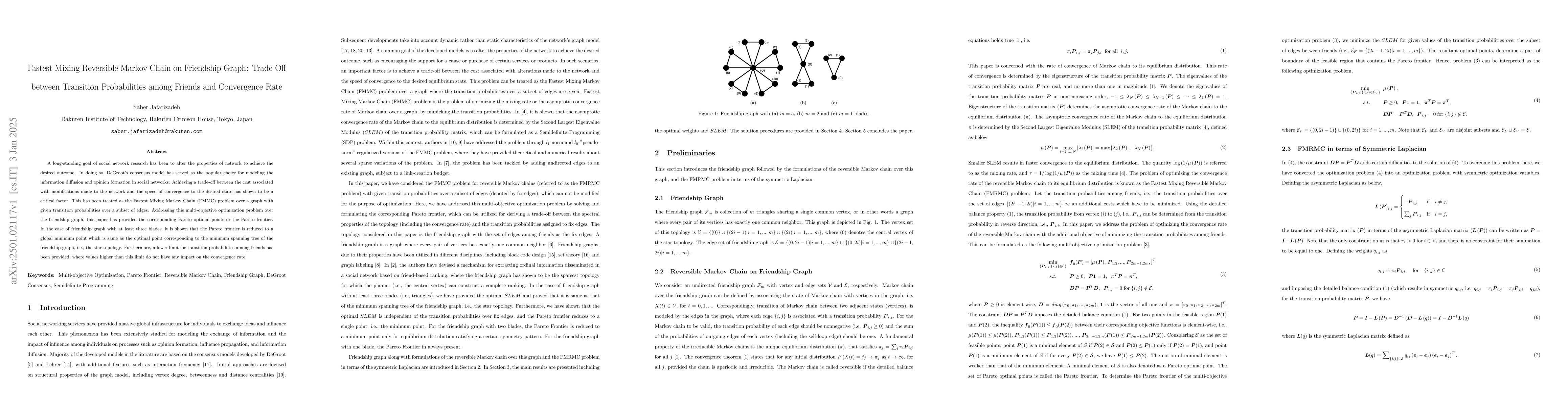 Thumbnail for Fastest mixing reversible Markov chain on friendship graph: Trade-off
  between transition probabilities among friends and convergence rate