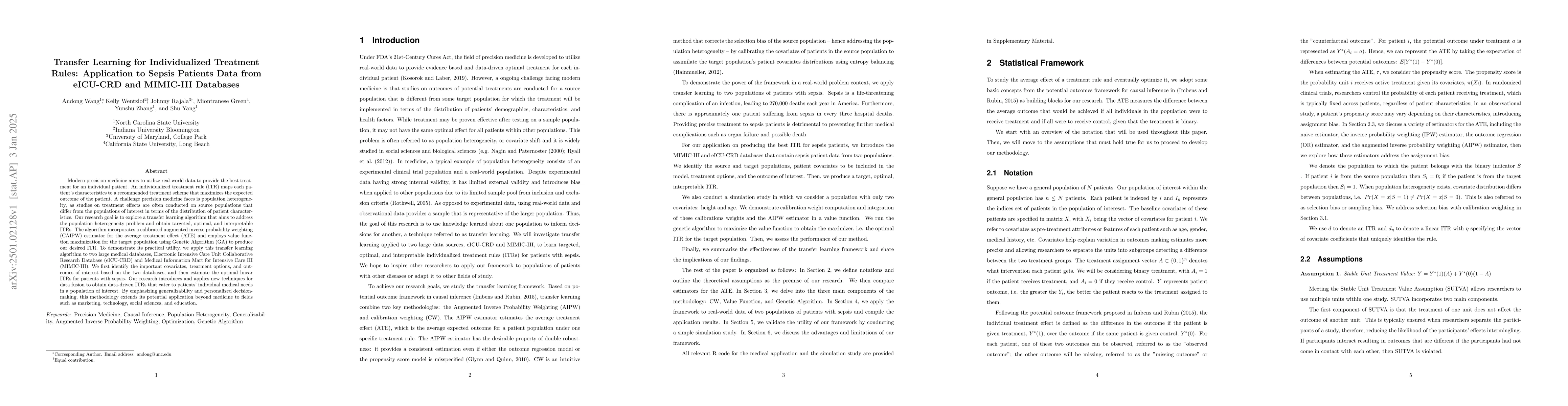 Thumbnail for Transfer Learning for Individualized Treatment Rules: Application to
  Sepsis Patients Data from eICU-CRD and MIMIC-III Databases