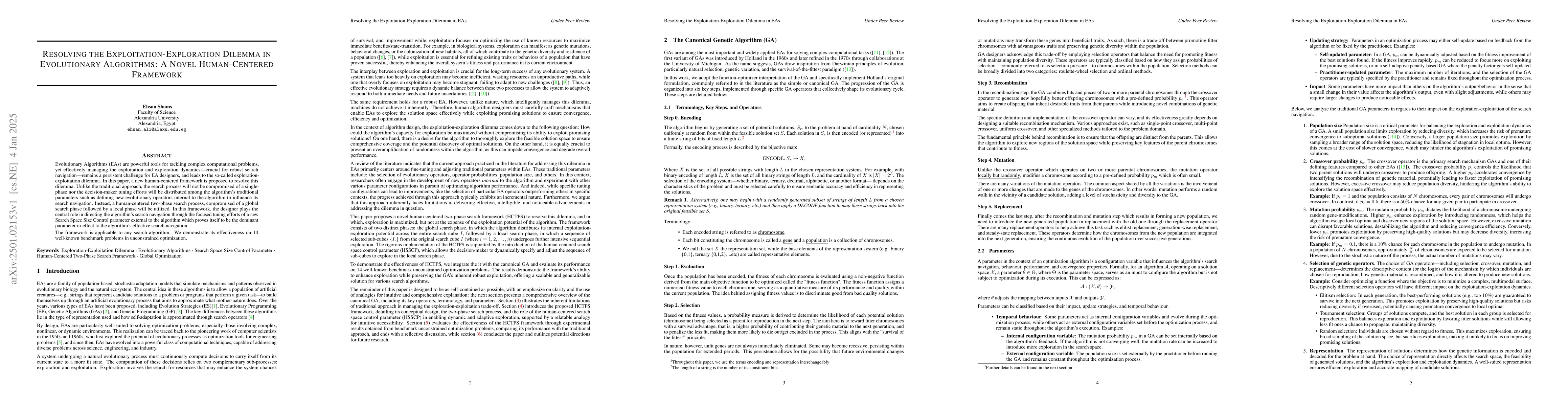 Thumbnail for Resolving the Exploration-Exploitation Dilemma in Evolutionary
  Algorithms: A Novel Human-Centered Framework