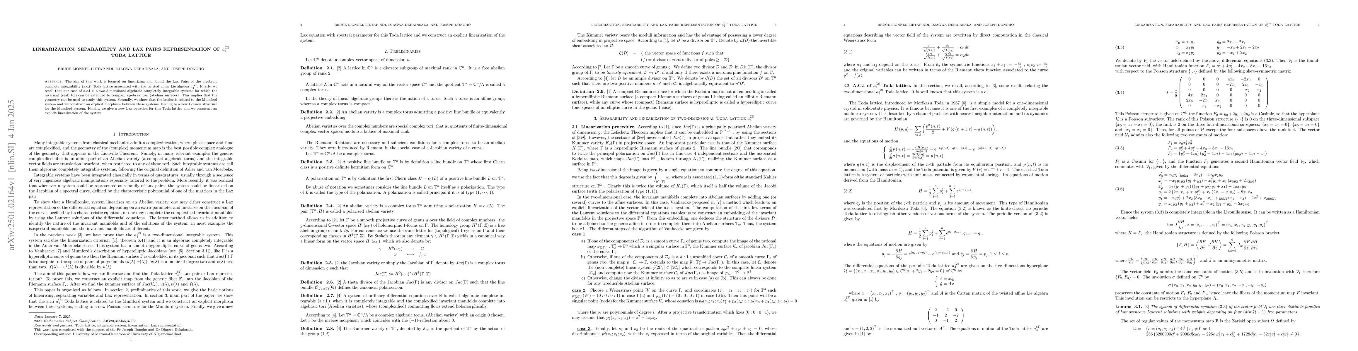 Thumbnail for Linearization, separability and Lax pairs representation of $a_4^{(2)}$
  Toda lattice