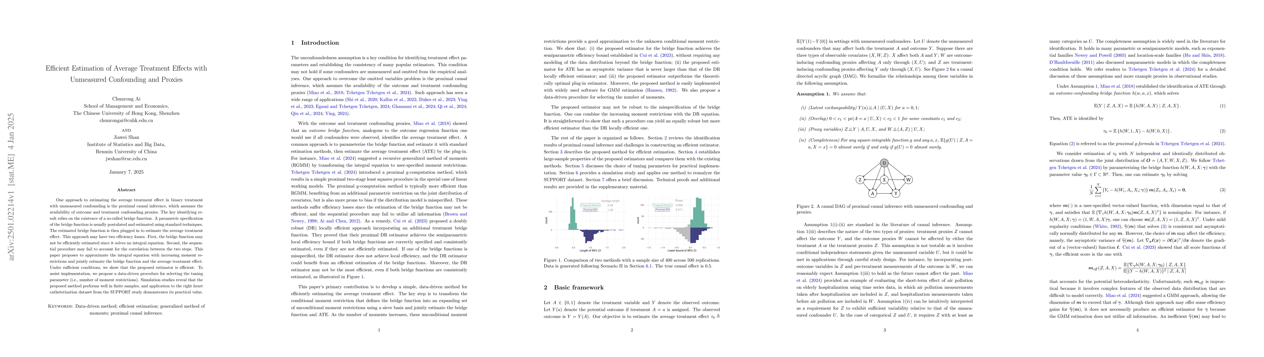 Thumbnail for Efficient estimation of average treatment effects with unmeasured
  confounding and proxies