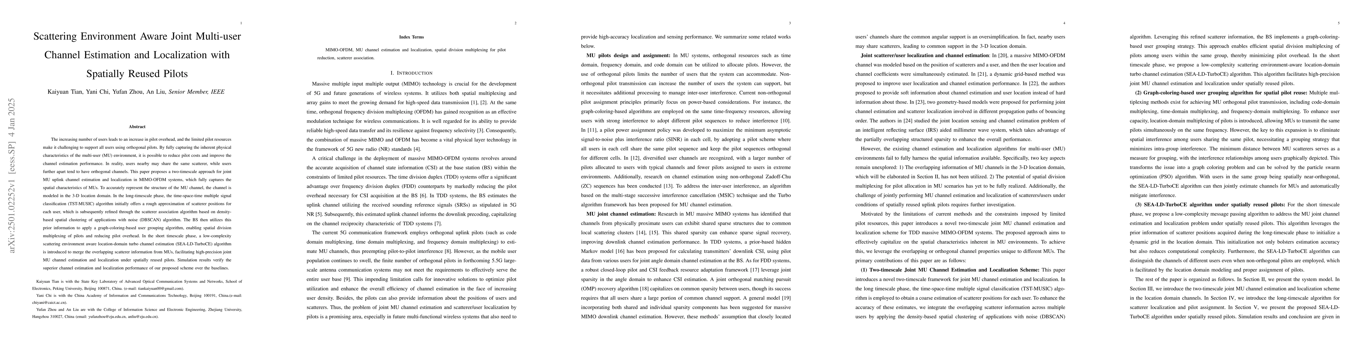 Thumbnail for Scattering Environment Aware Joint Multi-user Channel Estimation and
  Localization with Spatially Reused Pilots