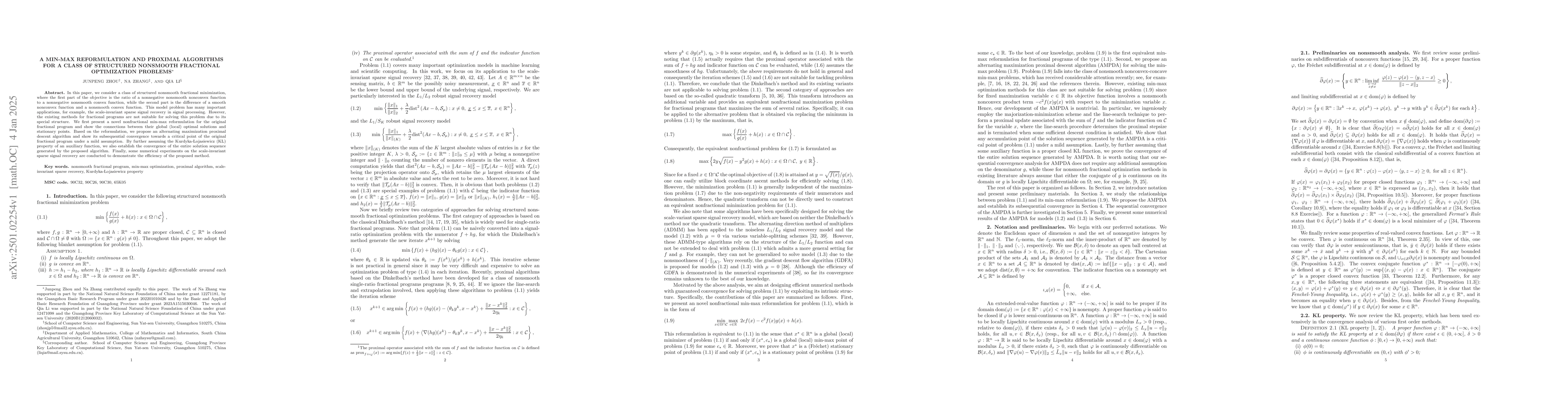 Thumbnail for A min-max reformulation and proximal algorithms for a class of
  structured nonsmooth fractional optimization problems